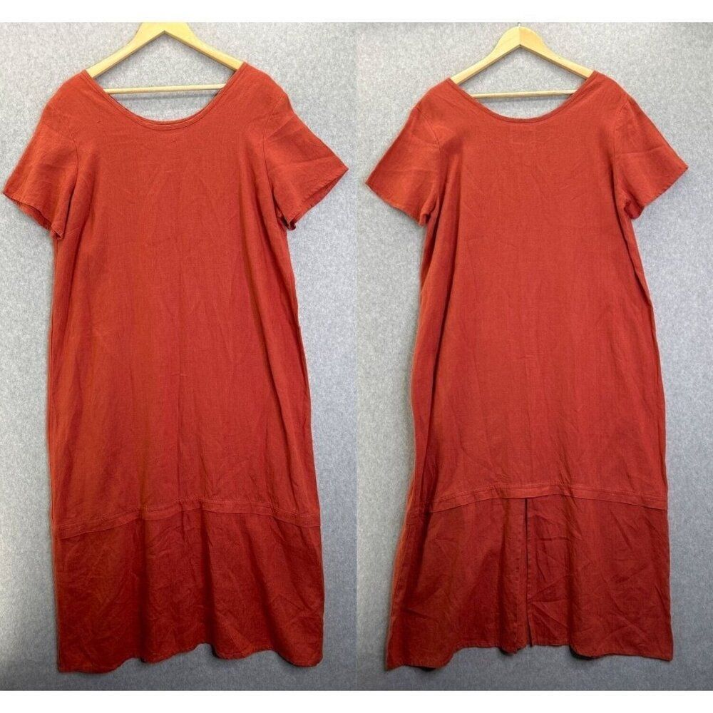 FLAX Size Large Midi Long Dress Short Sleeve Lagenlook Burnt Orange Linen Tee